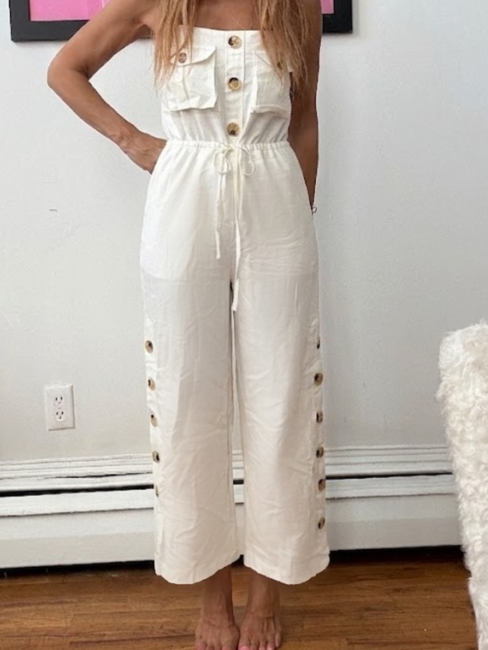 Amazing linen Cream Button-detail Jumpsuit